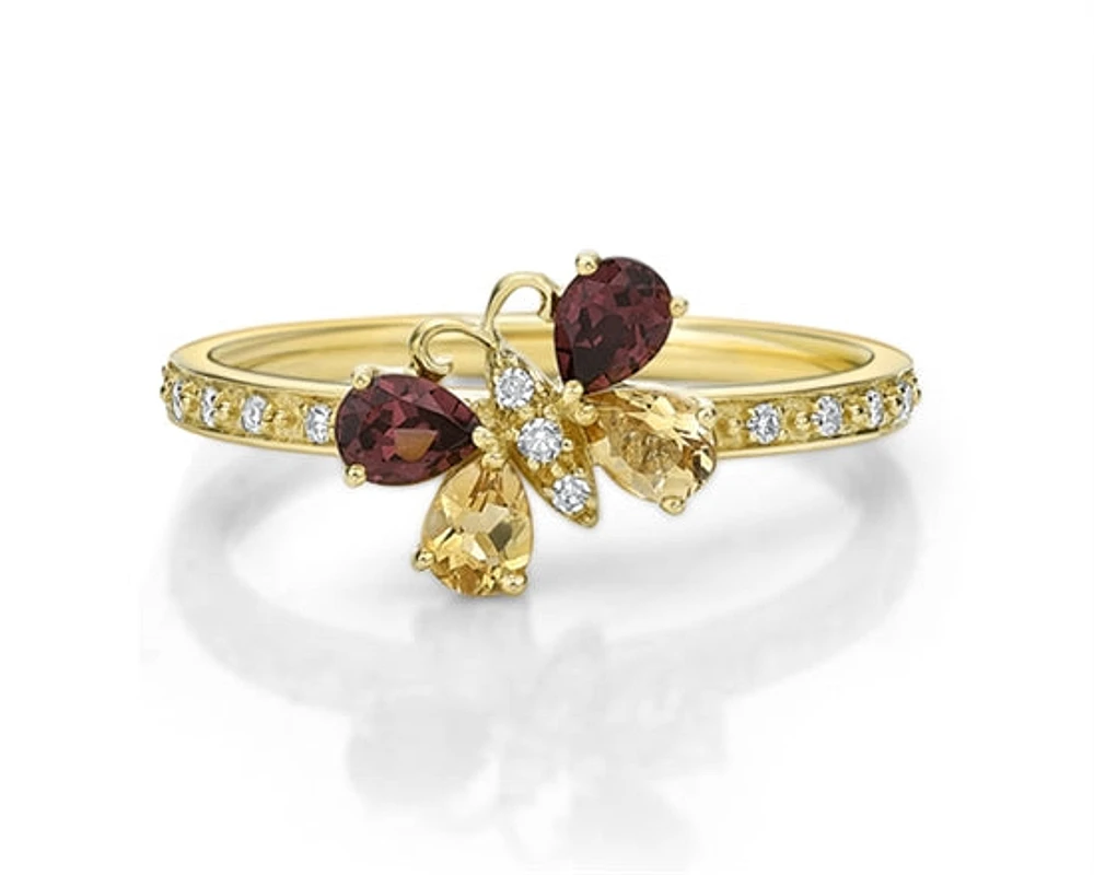 10K Yellow Gold 4x3mm Pear Cut Citrine and Rhodolite and 0.08cttw Diamond Butterfly Stack Ring - Size 7