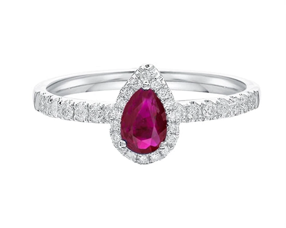 14K White Gold 6x4mm Pear Cut Ruby and 0.25cttw Diamond Halo Ring - 4.5