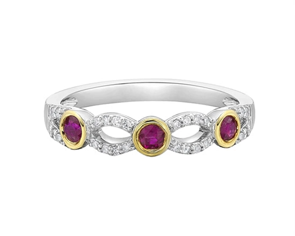 14K White Gold 2.80mm Round Cut Ruby and 0.10cttw Diamond Stacking Ring - Size 7