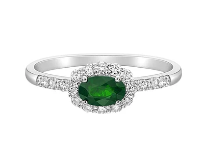 14K White Gold 6x4mm Oval Cut Emerald and 0.35cttw Diamond Halo Ring - Size 7