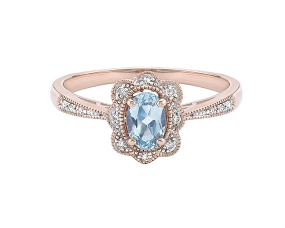 10K Rose Gold 6x4mm Oval Cut Sky Blue Topaz and 0.055cttw Diamond Ring - 4.5