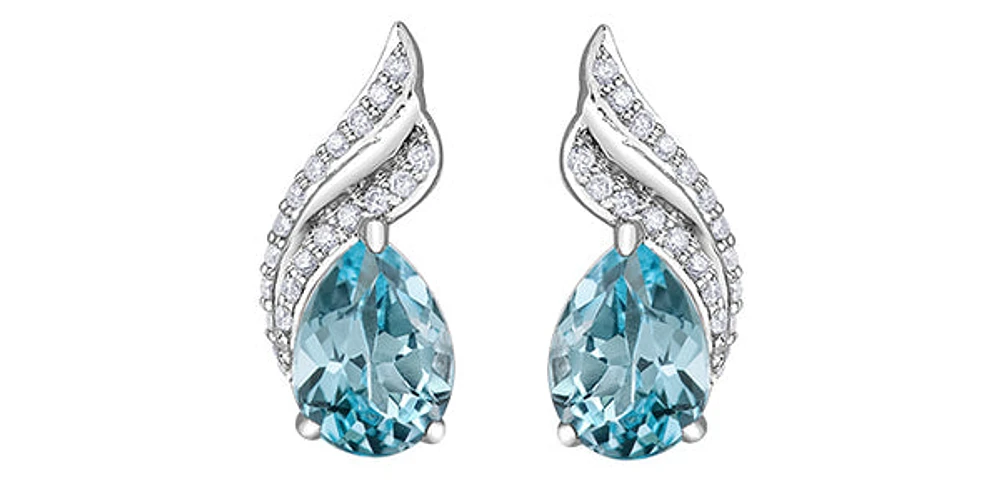 10K White Gold Blue Topaz & Diamond Stud Earrings
