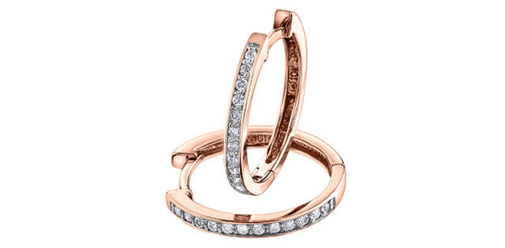 10K Rose Gold Diamond Hoop Huggie Hinged Earrings