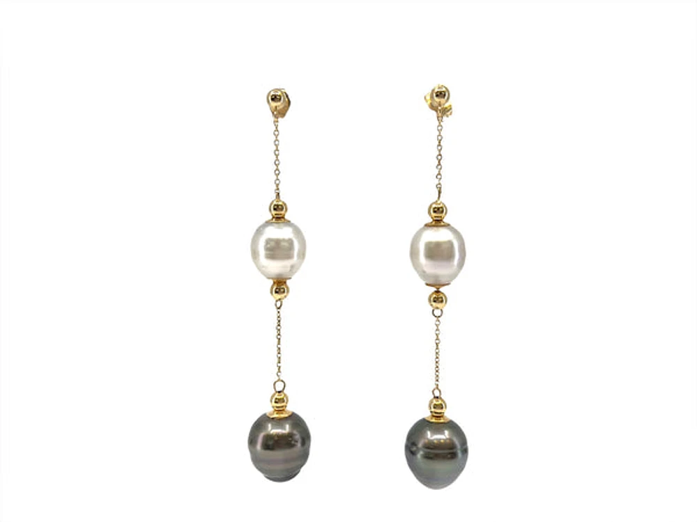 14K Yellow Gold South Sea and Tahitian Pearl Earrings with Butterfly Backs