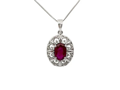 10K White Gold Ruby and Diamond Pendant, 18"