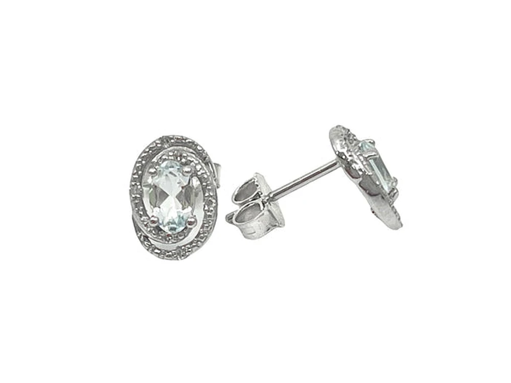925 Sterling Silver Aquamarine & Diamond Halo Stud Earrings