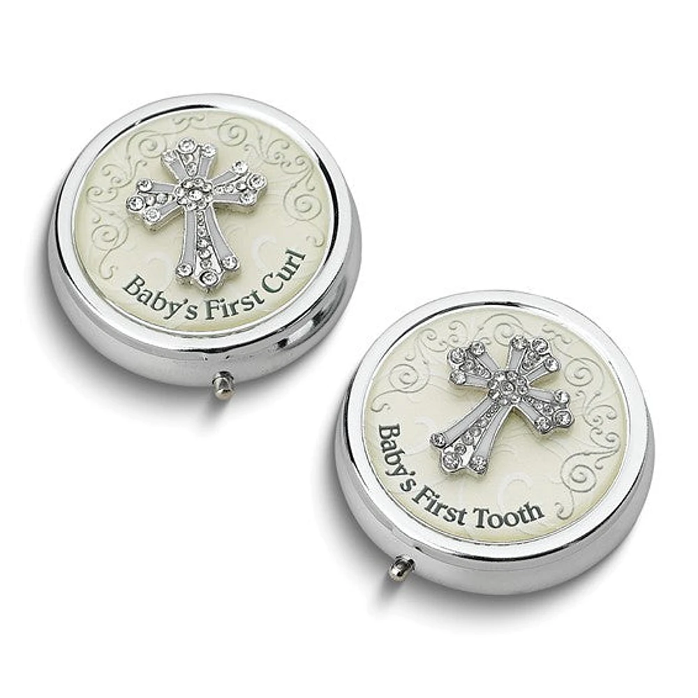 Silver-tone Metal and Enamel Cross First Tooth and Curl Set