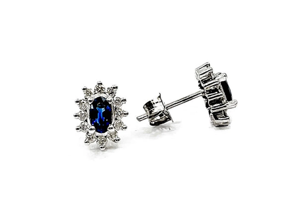 14K White Gold 0.55cttw Genuine Sapphire & 0.32cttw Diamond Halo Earrings