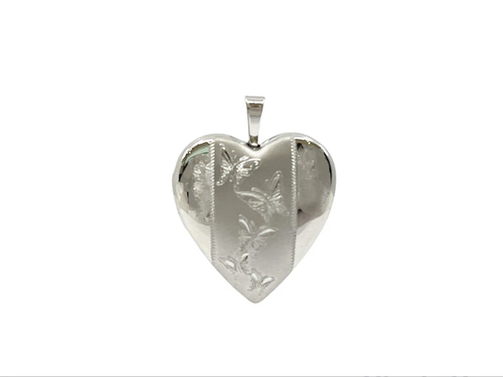925 Sterling Silver Etched Butterflies Heart Shaped Locket - 19mm x 21mm