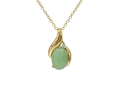 10K Yellow Gold Jade And Diamond Pendant - 18"