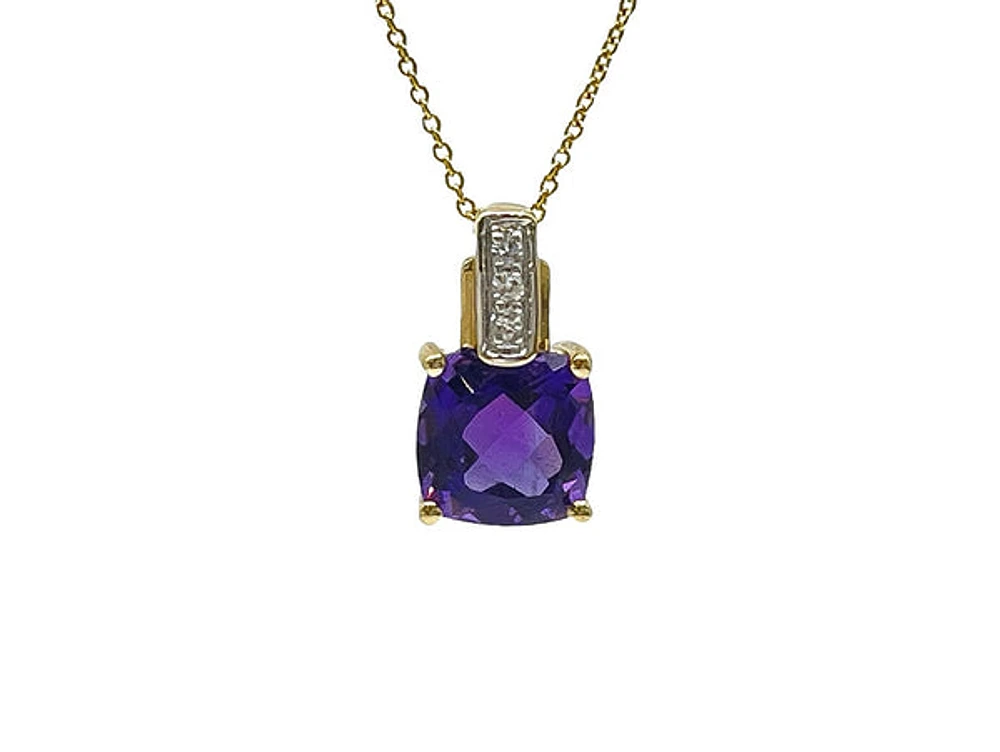 10K Yellow Gold 7mm Amethyst & 0.026cttw Diamond Pendant, 18"