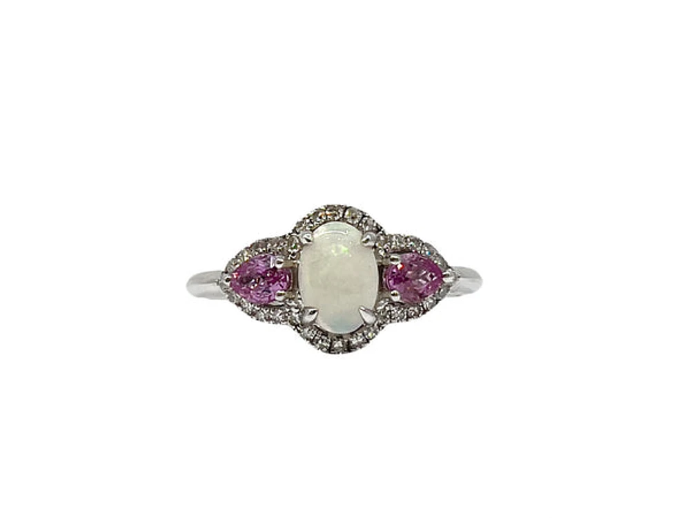 10K White Gold 7 x 5mm Opal, 0.50cttw Pink Sapphire and 0.30cttw Diamond Ring - 4.5