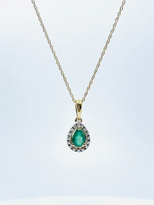 10K Yellow Gold Emerald and Diamond Pendant, 18"