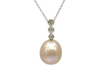 10K White Gold Fresh Water Pearl and Diamond Necklace, 18"