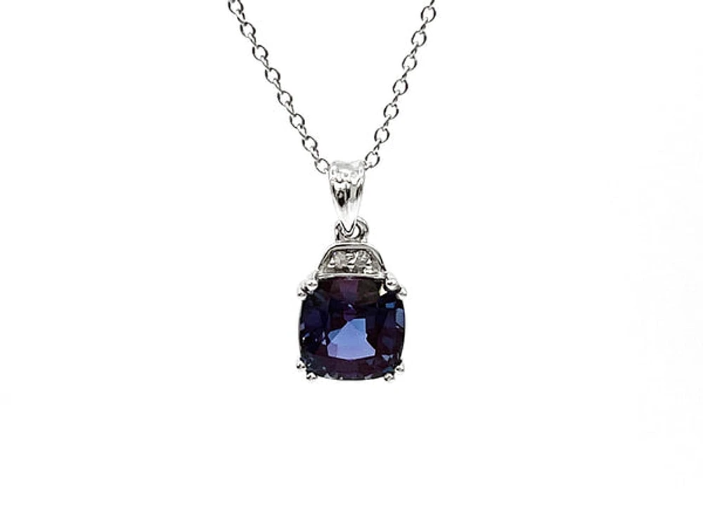 10K White Gold 6mm Cushion Cut Created Alexandrite & 0.01cttw Diamond Pendant, 18"