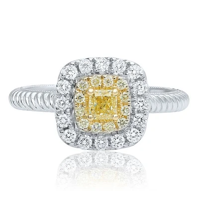 18K 2 Tone Gold Cushion Cut Natural Fancy Yellow and White Diamond Braided Shank Cluster Ring - 4.5