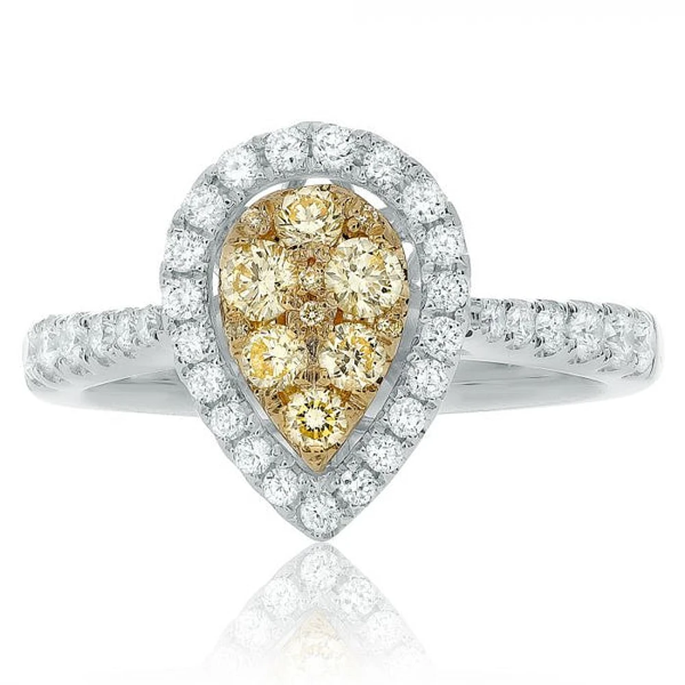 18K 2 Tone Gold Pear-shaped Natural Fancy Yellow and White Diamond Cluster Ring - 4.5