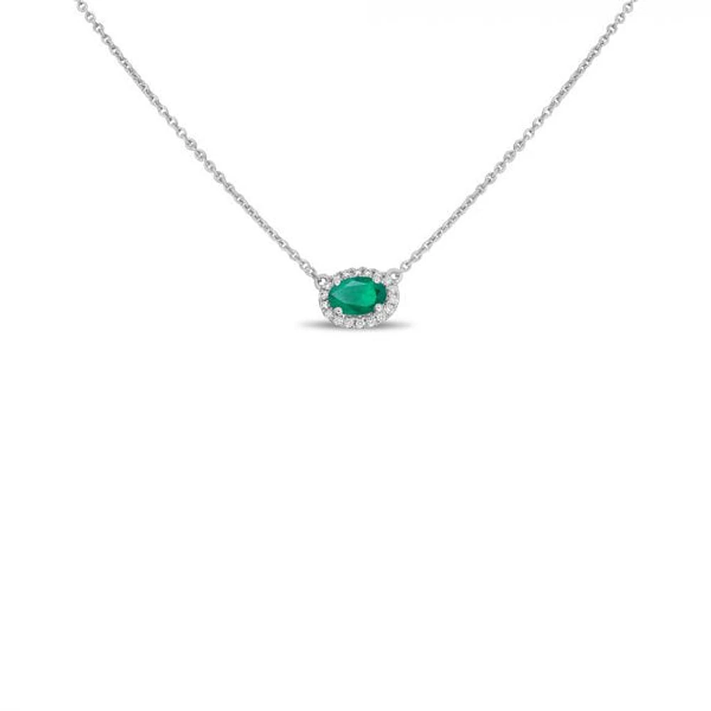 18K White Gold Oval Cut Emerald and Diamond Halo Necklace, 16-18"