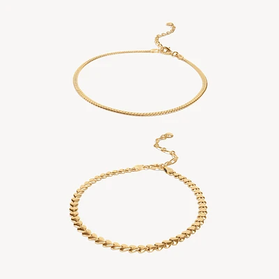 Heart & Herringbone Anklet Set