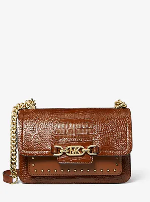 Heather Large Studded Crocodile Embossed Leather Shoulder Bag