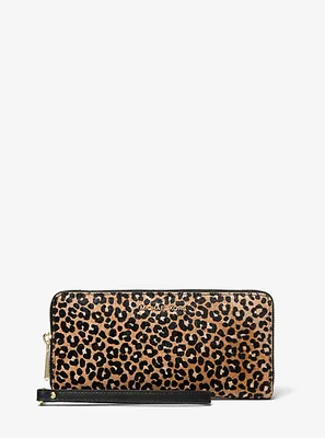 Large Leopard Print Calf Hair Continental Wallet