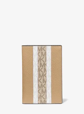 Ensemble-cadeau portefeuille pour passeport et porte-adresse en cuir grainé à rayures logo