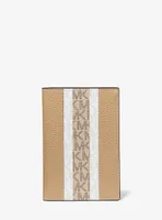 Ensemble-cadeau portefeuille pour passeport et porte-adresse en cuir grainé à rayures logo