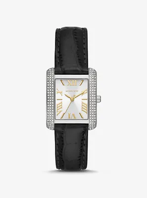 Mini Emery Pavé Silver-Tone and Crocodile Embossed Leather Watch