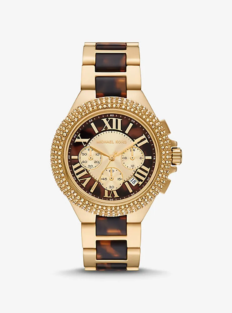 Montre Camille surdimensionnée dorée à pavé et à bracelet en acétate écaille de tortue