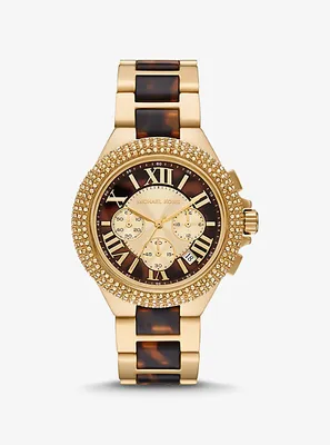 Montre Camille surdimensionnée dorée à pavé et à bracelet en acétate écaille de tortue