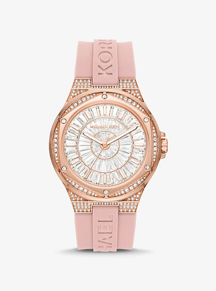 Montre Lennox surdimensionnée de ton or rose à pavé et à bracelet en silicone