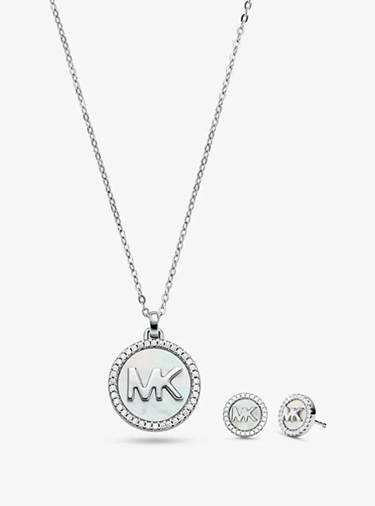 Ensemble collier et clous doreilles en argent sterling à logo nacré et à pavé