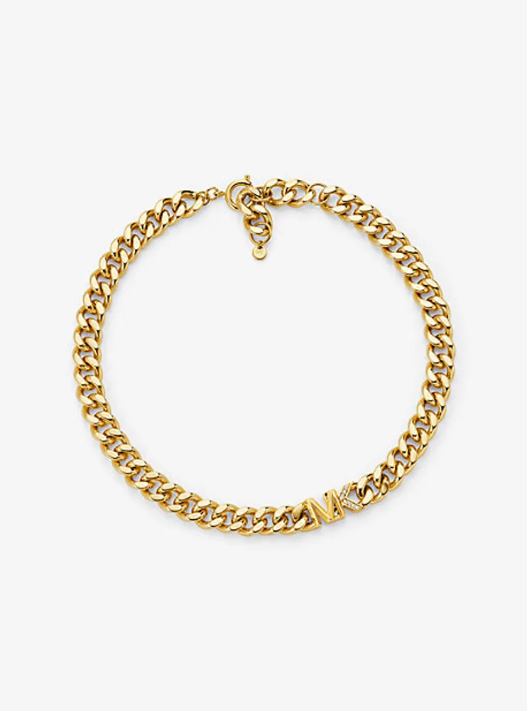 Collier en laiton à placage en or 14K à maillons gourmette à pavé et à logo