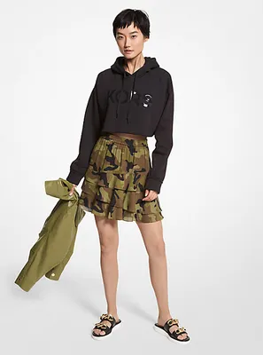 Jupe en crêpe georgette de soie à volants et imprimé camouflage