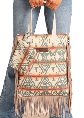 Aztec Print Bag with Fringe - Cream