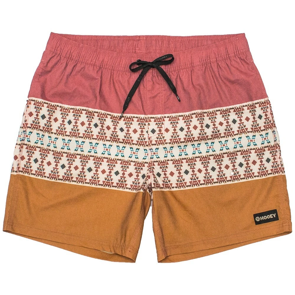 The Big Wake Hooey Shorts Red / Orange Pattern Volley Board Waistband and 6.5 Inseam
