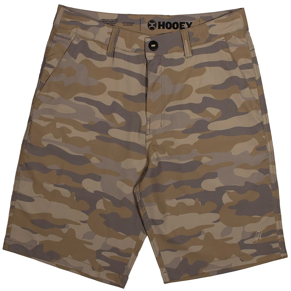 The Hybrid Hooey Shorts Tan / Brown Camo 4 Way Stretch Board Waistband and 9 Inseam