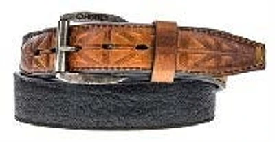 Mens HOG 1.5 Black Bullhide Leather Belt with Brown Logo Embossed Billets