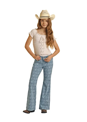 Blue Print Button Flare Jeans