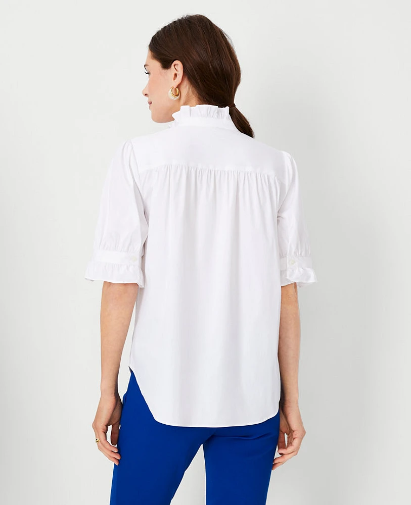 Ann Taylor Petite Poplin Ruffle Button Top Size XL White Women's