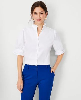 Ann Taylor Petite Poplin Ruffle Button Top Size XL White Women's