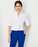 Ann Taylor Petite Poplin Ruffle Button Top Size XL White Women's