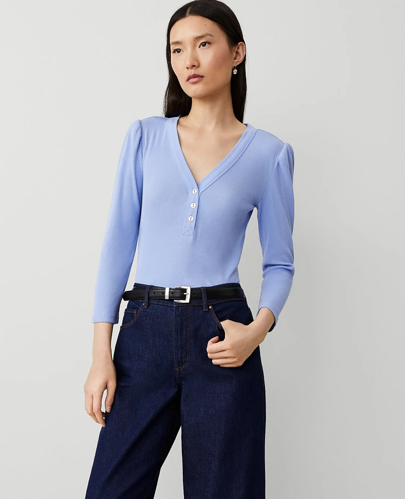 Ann Taylor Ribbed Puff Sleeve V-Neck Top Size XL Bluebell Frost Women's