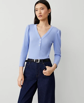 Ann Taylor Ribbed Puff Sleeve V-Neck Top Size XL Bluebell Frost Women's