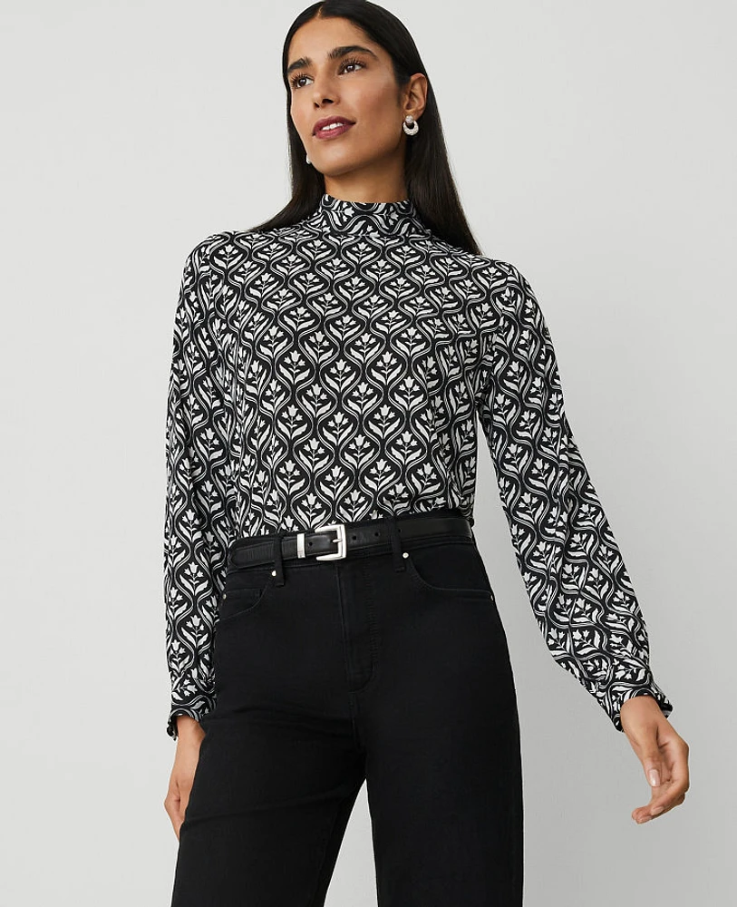 Ann Taylor Geo Mock-Neck Top Size XS Black Women's