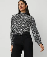 Ann Taylor Geo Mock-Neck Top Size XS Black Women's