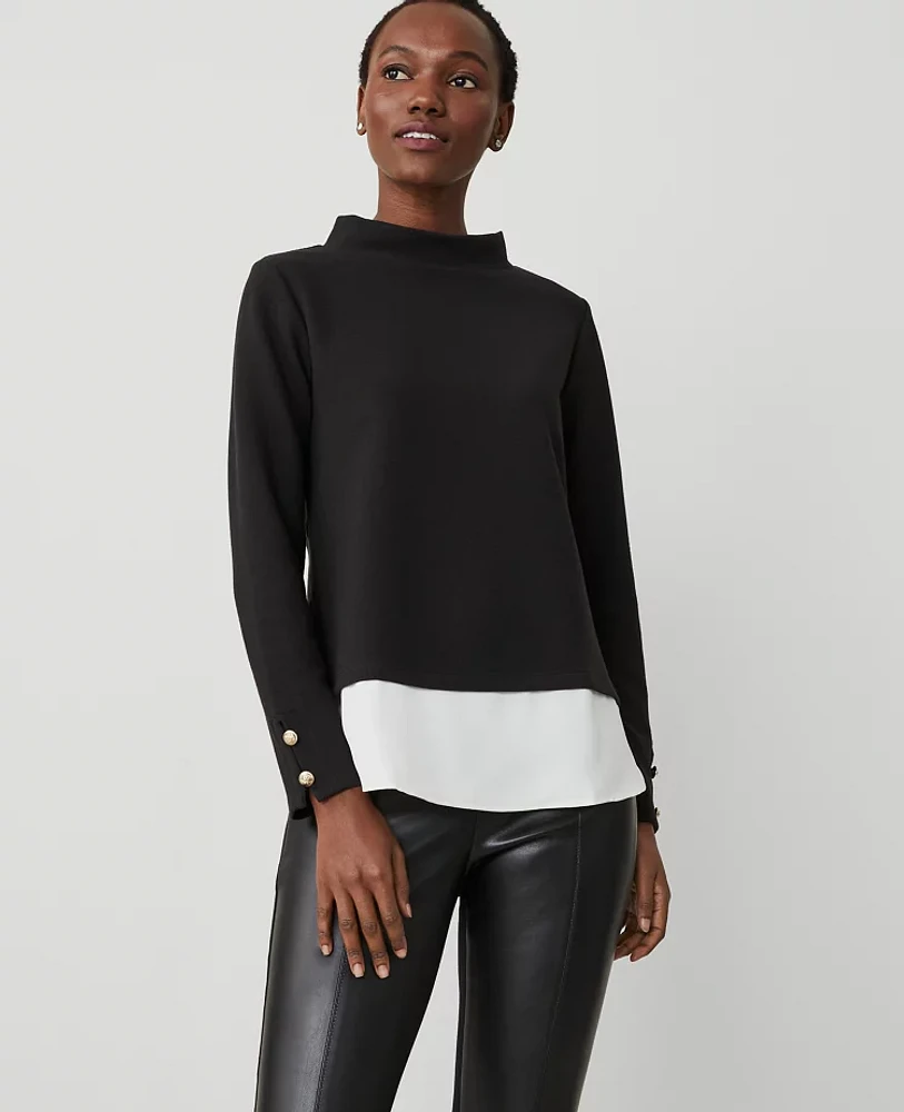 Ann Taylor Petite Mixed Media Mock Neck Top Size 2XS Black Women's