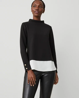 Ann Taylor Petite Mixed Media Mock Neck Top Size 2XS Black Women's