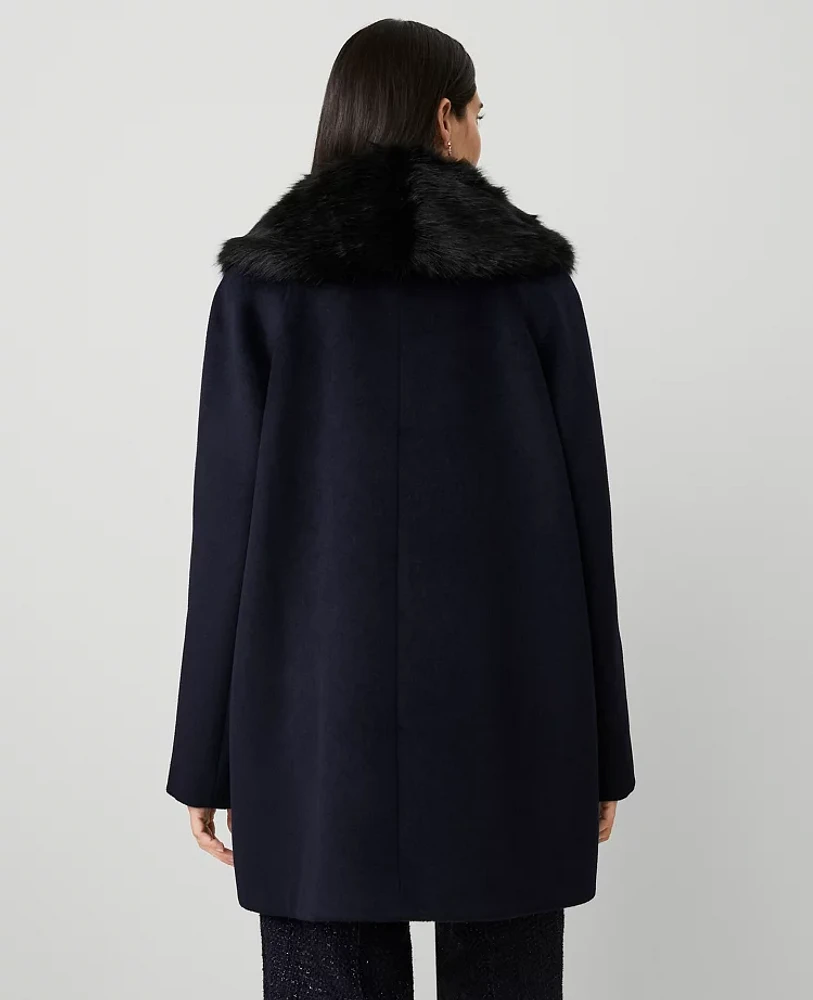 Ann Taylor Faux Fur Collar Double Breasted Swing Coat Size XS Night Sky Women's