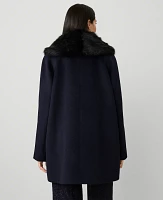 Ann Taylor Faux Fur Collar Double Breasted Swing Coat Size XS Night Sky Women's
